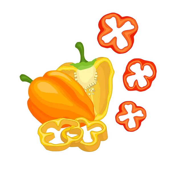 Stilleven Met Bulgaarse Peper Vector Paprika Geheel Knippen Andere Helft — Stockvector