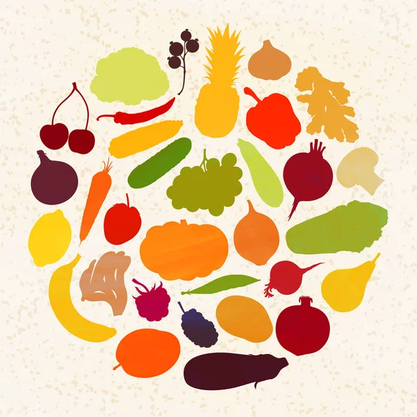 野菜や果物のシルエットは 円を形成します ベクトルの図 ヴィンテージ 収穫のテーマのグラフィック要素のセット — ストックベクタ