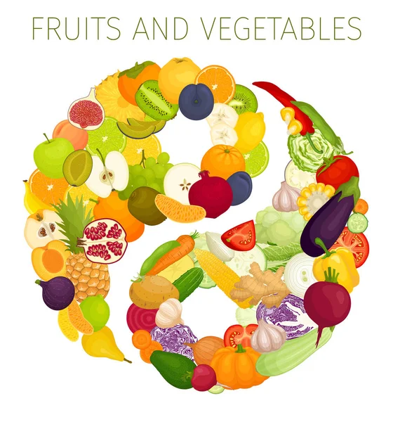 食品から Dao のシンボルです ベクトル 野菜や果物から陰陽 健康的な栄養の概念 — ストックベクタ