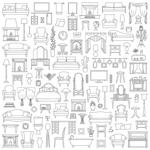 Ensemble Meubles Détails Dans Style Contour Pour Créer Intérieur Illustration — Image vectorielle