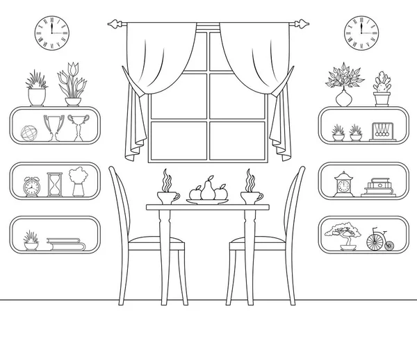 Café Interior Lineal Vectorial Esquema Del Comedor Diseño Una Habitación — Vector de stock