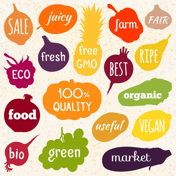 Silhouettes Multicolores Légumes Fruits Avec Inscriptions Intérieur Illustration Vectorielle Affiche — Image vectorielle