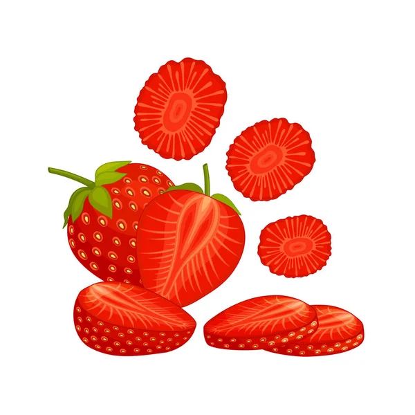 Stillleben Mit Erdbeeren Zusammensetzung Aus Erdbeeren Ganz Halbiert Und Gehackt — Stockvektor