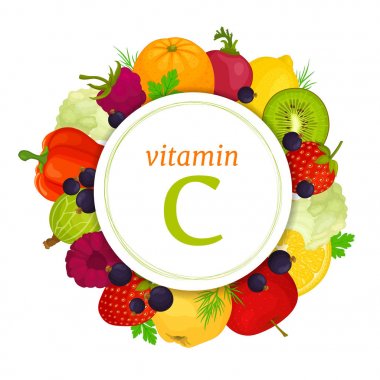 Acarbic asit, sebze ve meyve zengin c vitamini yüksek gıdalar. Vektör çizim. Bilgi kolaj.