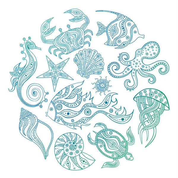一组海洋居民的草图 海上生活涂鸦 手绘插图 着色页的元素集 — 图库矢量图片