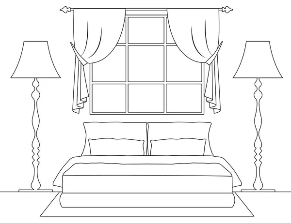 Esquema Lineal Del Interior Dormitorio Vectorial Con Muebles Plano Habitación — Vector de stock