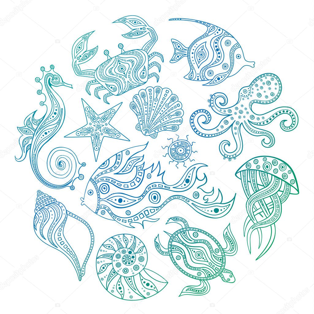 A set of sketches of marine inhabitants. Vector. Sea life doodle. Hand-drawn illustration. Set of elements for coloring page.