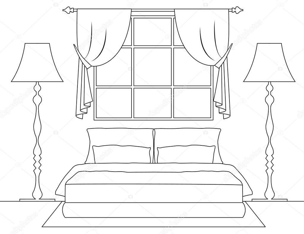 Linear scheme of the interior. Vector bedroom with furniture. Plan of the room. Frontal view.