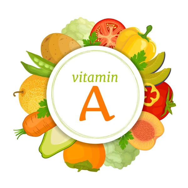 O conteúdo de vitamina A na comida. Colagem vetorial . — Vetor de Stock