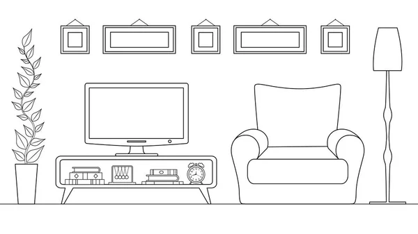 Um lugar para relaxar com uma TV. Interior de vetor em um estilo de contorno . —  Vetores de Stock