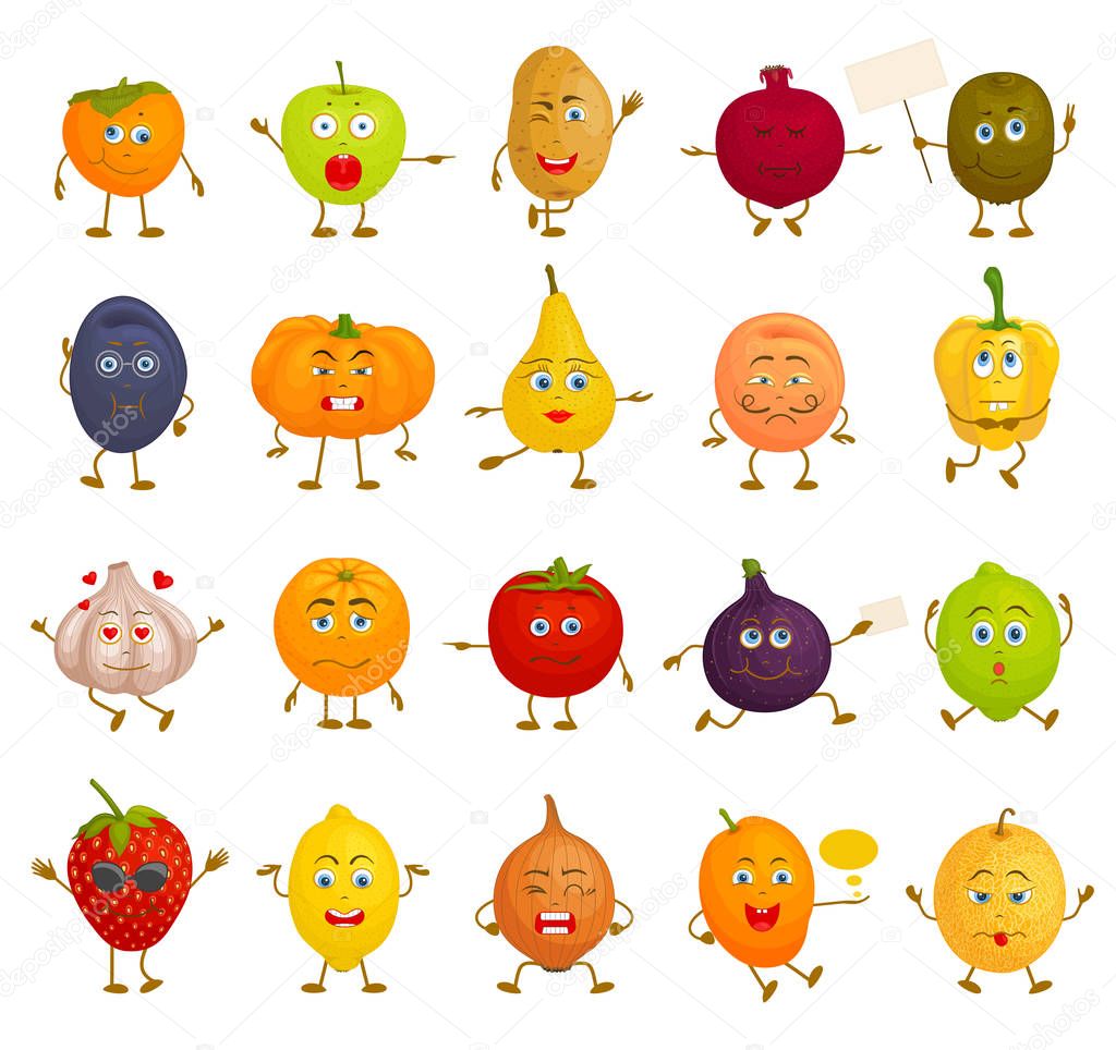Vector Characters. Cartoon vegetables and fruits with different emotions.