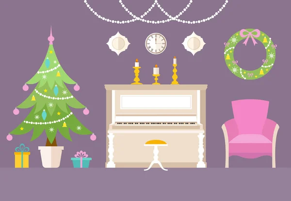 Рождественский дизайн интерьера с елкой и фортепиано. Векторная иллюстрация . — стоковый вектор