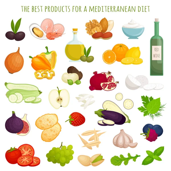 Dieta mediterrânea. Conjunto de produtos vetoriais. Sistema nutricional adequado . —  Vetores de Stock