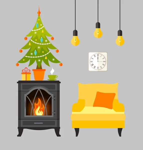 Diseño interior de Navidad con árbol de Navidad y chimenea. Vector . — Vector de stock