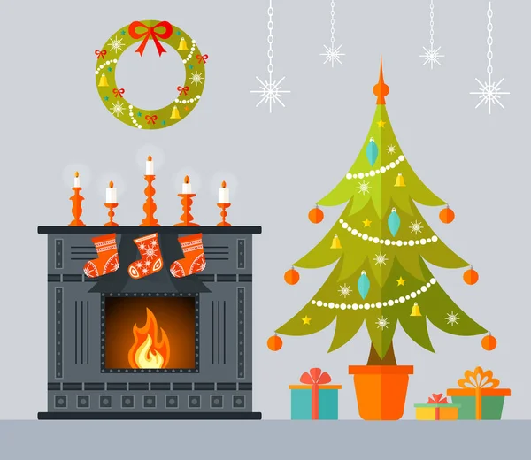 Векторный новогодний интерьер в плоском стиле. Комната с камином, елка, подарки, украшенные на Рождество . — стоковый вектор