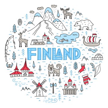 Yuvarlak çerçeve ve Finlandiya sembolleri. El çizimi turistik harita. Vektör.