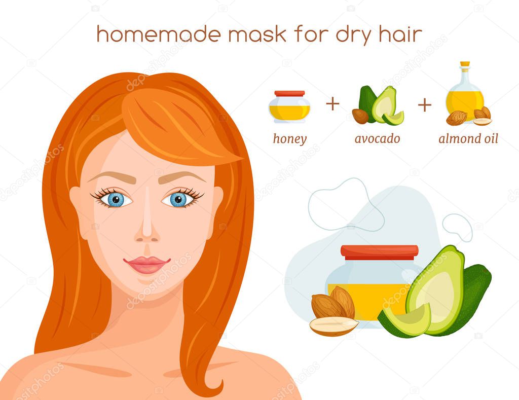 Girl with beautiful shining hair and a recipe for a home hair mask.