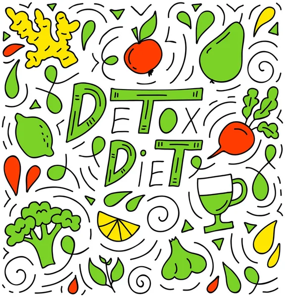 Composizione luminosa del cibo e le parole diete Detox. Bandiera vettoriale disegnata a mano . — Vettoriale Stock