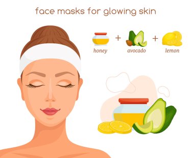 Parlayan derinin ev maskesi tarifi. Cilt bakımı teması hakkında vektör bilgileri.