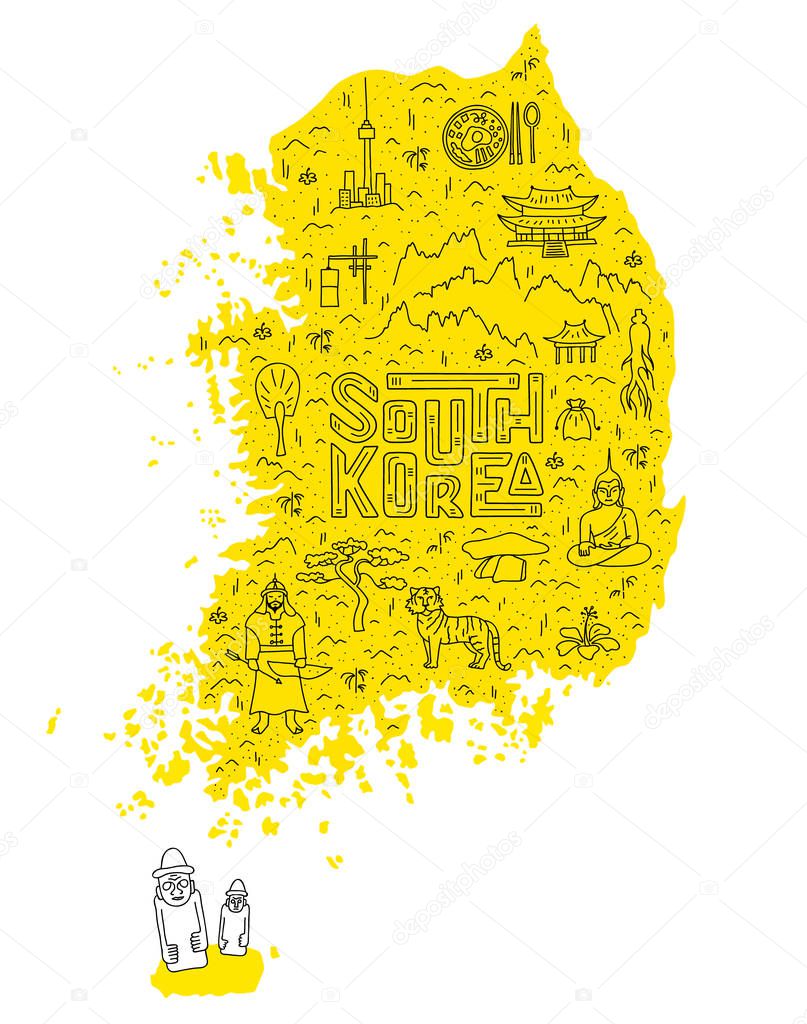 Stylized tourist map of South Korea with main symbols and sights. Vector.