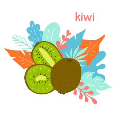 Karalama tarzında çizilmiş Kivi. Meyve ve yeşillik bileşimi ile el yapımı vektör illüstrasyonuName.