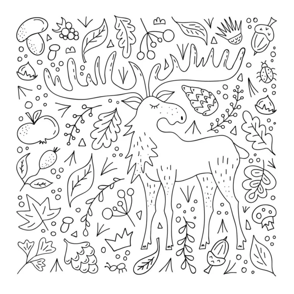 Esquema de alce en el fondo de los elementos del bosque. Patrón dibujado a mano para colorear libro. Vector — Archivo Imágenes Vectoriales