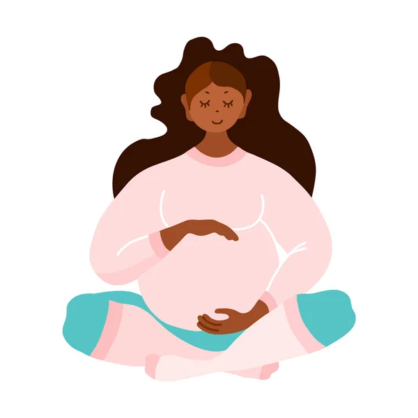 Schwanger. Schwarze Frau, die isoliert auf weißem Hintergrund auf die Geburt eines Babys wartet. Vektor. — Stockvektor
