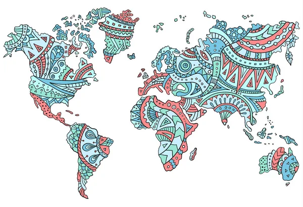 Pintado mapa del mundo en estilo étnico. Esquema vectorial ilustración dibujada a mano . — Archivo Imágenes Vectoriales