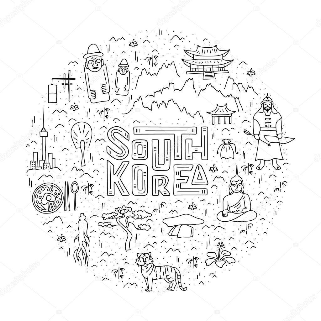 Linear circle map of South Korea with lettering and basic symbols of the country. Vector.