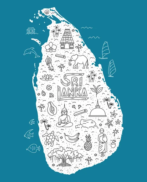 Mapa turístico estilizado de Sri Lanka con los principales símbolos y lugares de interés. Vector . — Vector de stock