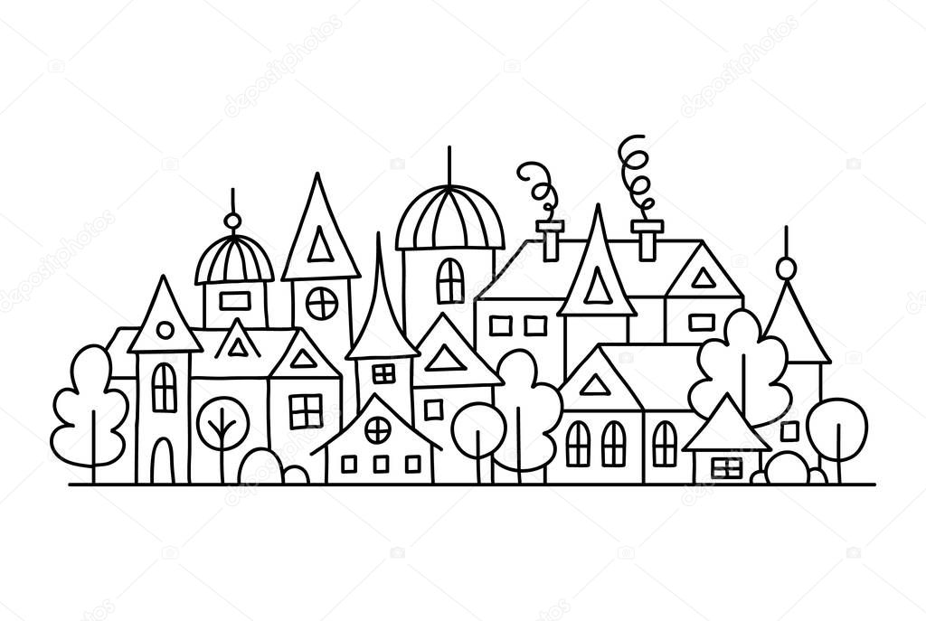 Panorama of a small ancient city. Hand-drawn doodle illustration. Vector.