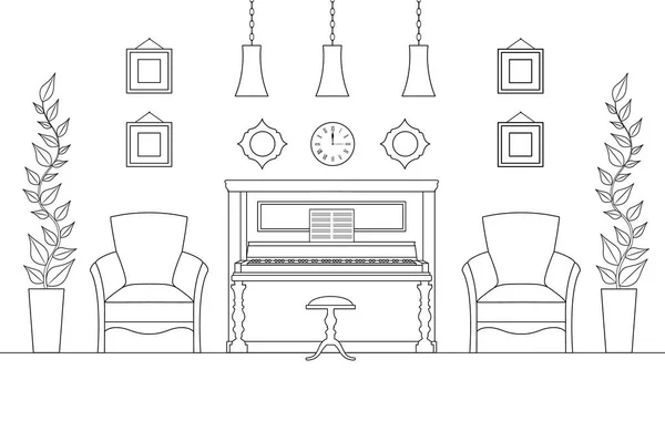 Habitación Piano de estilo lineal. Sala de música vectorial con mobiliario y decoración. — Vector de stock