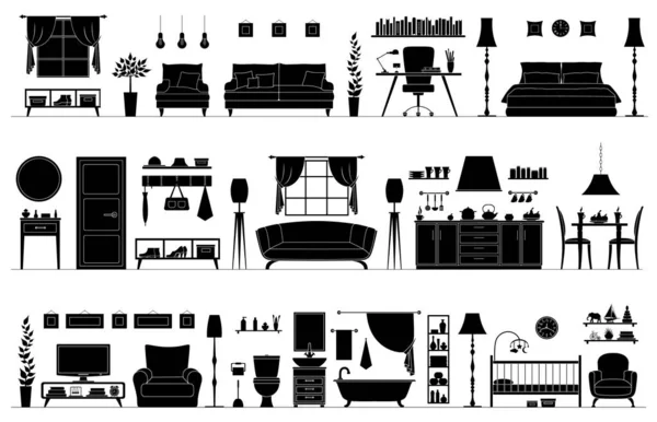 Collectie van vectorsilhouetten van meubels en interieurs. Ruimte templates. — Stockvector