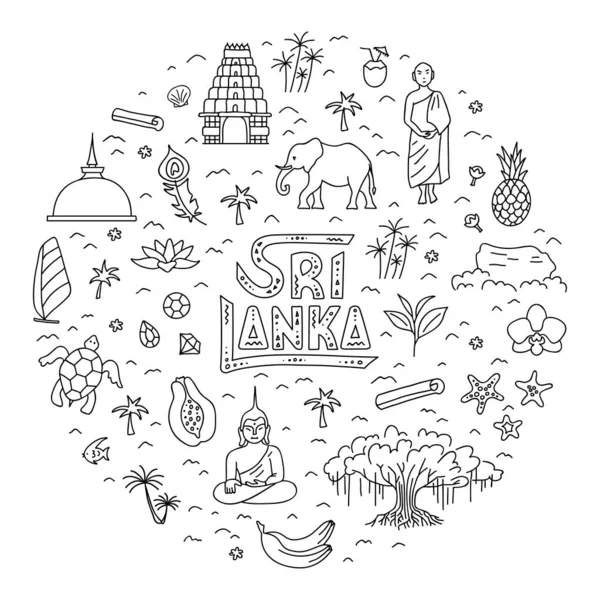 斯里兰卡的线形圆形地图，带有国家的字母和基本符号。B.病媒. — 图库矢量图片