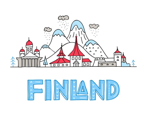 Panorama dell'architettura e delle attrazioni della Finlandia. Illustrazione vettoriale con scritte sul tema del viaggio . — Vettoriale Stock