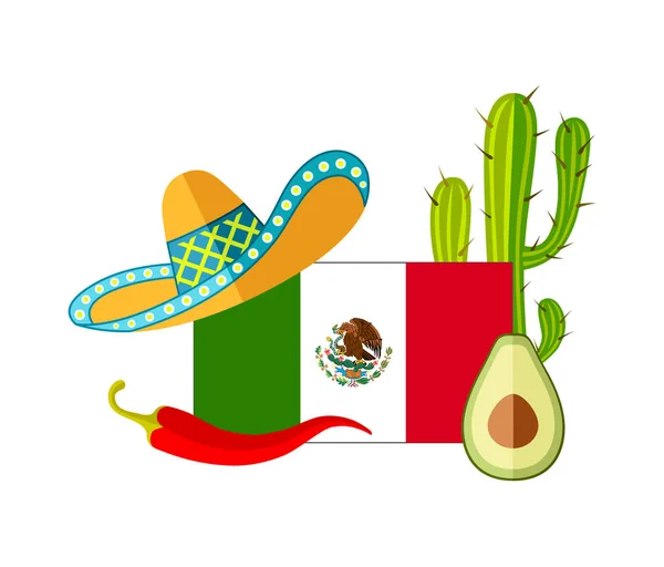 Template from Mexican flag with popular country symbols. Vector composition. — 스톡 벡터