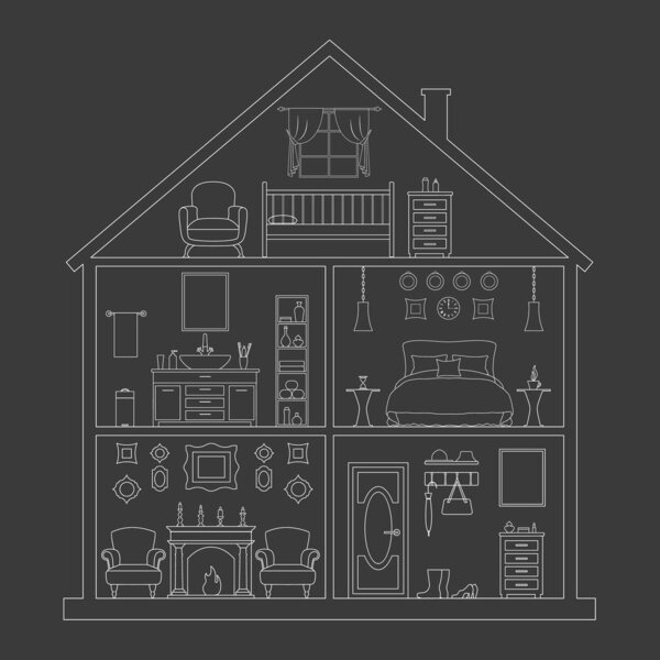 Outline style house. Linear model of the cottage. Vector