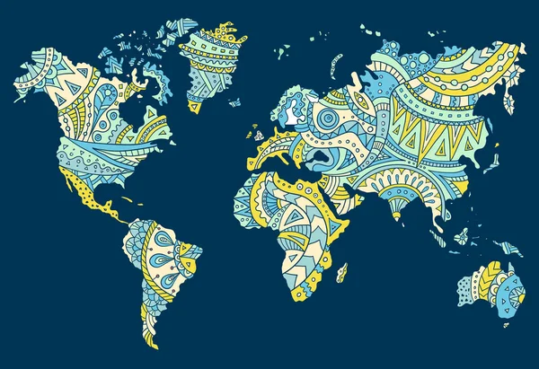 Hand-drawn doodle world map with patterns and ornaments in tribal style. Vector. — 스톡 벡터