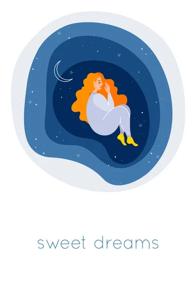 Karta słodkich snów z małą dziewczynką na nocnym niebie. Wektor. — Wektor stockowy