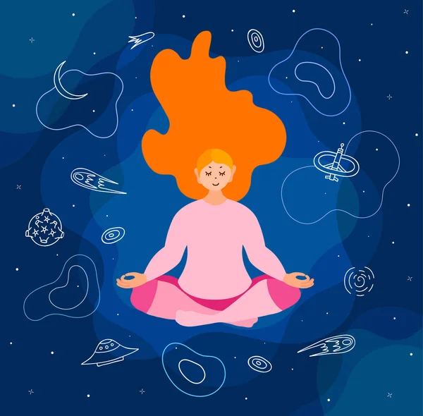 Una mujer practica yoga en el espacio. Ilustración vectorial . — Archivo Imágenes Vectoriales