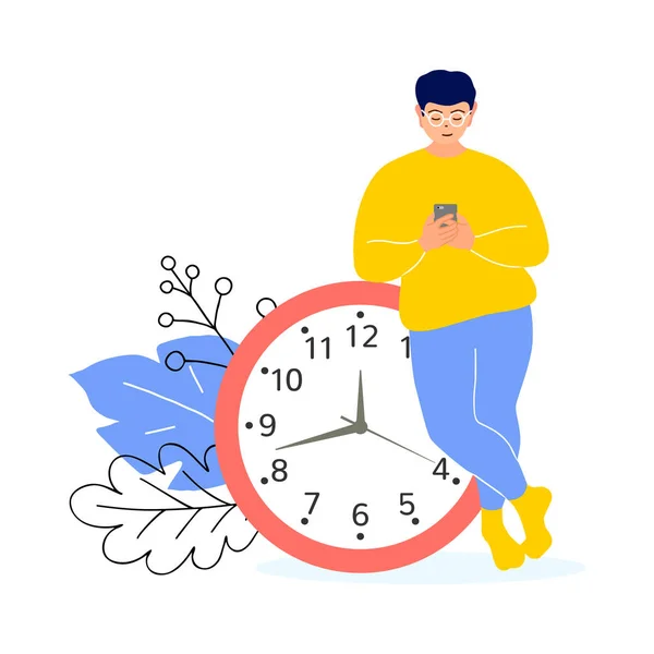 Gestione del tempo. Un uomo con un telefono appoggiato sull'orologio sta aspettando. Vettore . — Vettoriale Stock