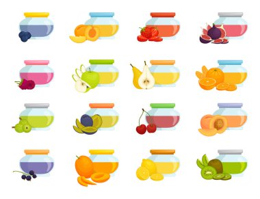 Kavanozlarda çeşitli meyve ve çilek reçelleri var. Vektör elementleri kümesi.