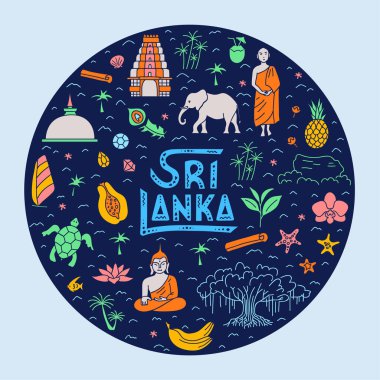 Sri Lanka 'ya git. Karalama biçiminde yuvarlak vektör şablonu.