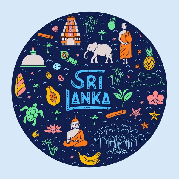 前往斯里兰卡的旅行。圆形矢量模板的涂鸦风格. — 图库矢量图片