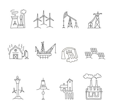 Set of various icons on the theme of energy production. Vector illustration.