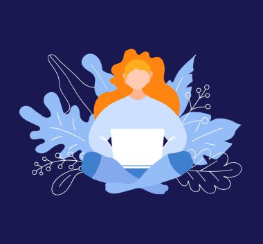 Woman with a laptop. A woman works and studies remotely. Vector.