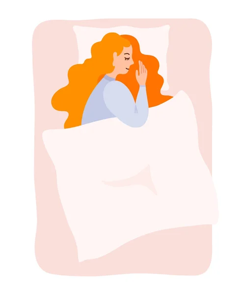 Nettes junges Mädchen schläft in ihrem Bett auf ihrer Seite. Vektor. — Stockvektor