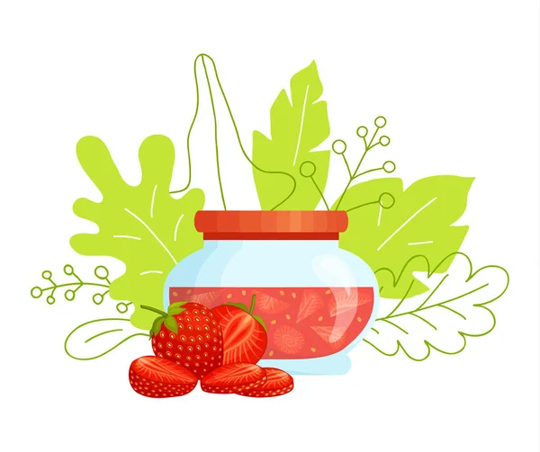 Βάζο γυάλινο με μαρμελάδα φράουλα σε στυλ καρτούν. Διάνυσμα. — Διανυσματικό Αρχείο