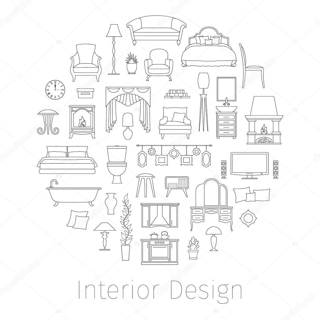 A set of furniture and home decoration in a linear style. Vector.