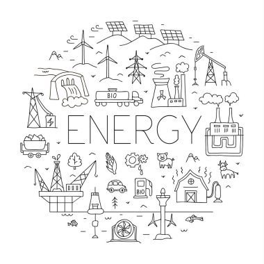 Enerji konsepti. Yuvarlak çerçeve, beyaz arka planda izole edilmiş farklı enerji kaynaklarına sahip. Vektör.